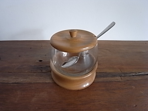 アンティークシュガーポット 木蓋×トレー＆アルミスプーン付
